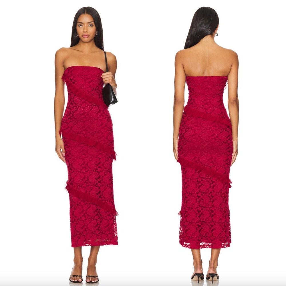 NEW MORE TO COME Xandra Maxi Dress in Red Lace Strapless Formal Gown XS